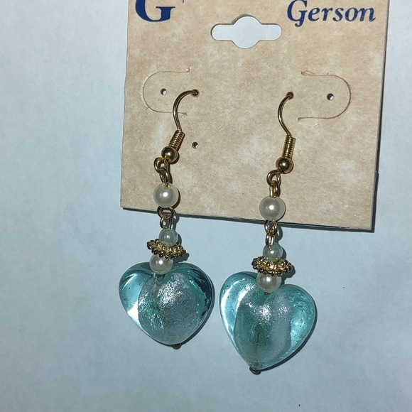 Aqua Glass Heart Dangle Earrings - Picture 6 of 7